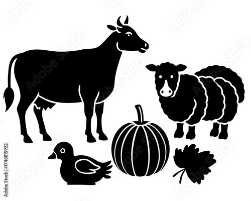 Farm animals set – cow, sheep, chicken, Thanksgiving harvest silhouette vector illustration