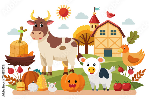 Farm animals set – cow, sheep, chicken, Thanksgiving harvest isolated on white background