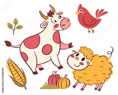 Farm animals set – cow, sheep, chicken, Thanksgiving harvest silhouette vector illustration