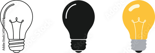 Light Bulb Icon Set – Outline, Silhouette, and Glowing Yellow Bulb Vector Illustration