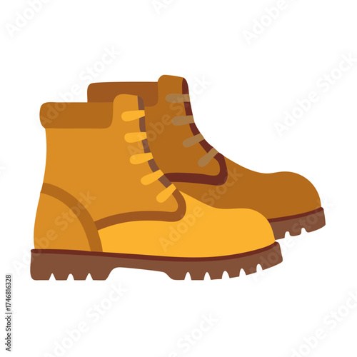 Vector art of a pair of yellow and brown work boots, illustrated with a focus on their sturdy construction and practical design for outdoor or industrial use
