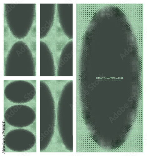 Assorted vector bitmap dark green halftone pattern set in vertical 9:20 aspect ratio including oval frame and various unique overlay textures. Varied 8 bit retro styled textured design elements bundle