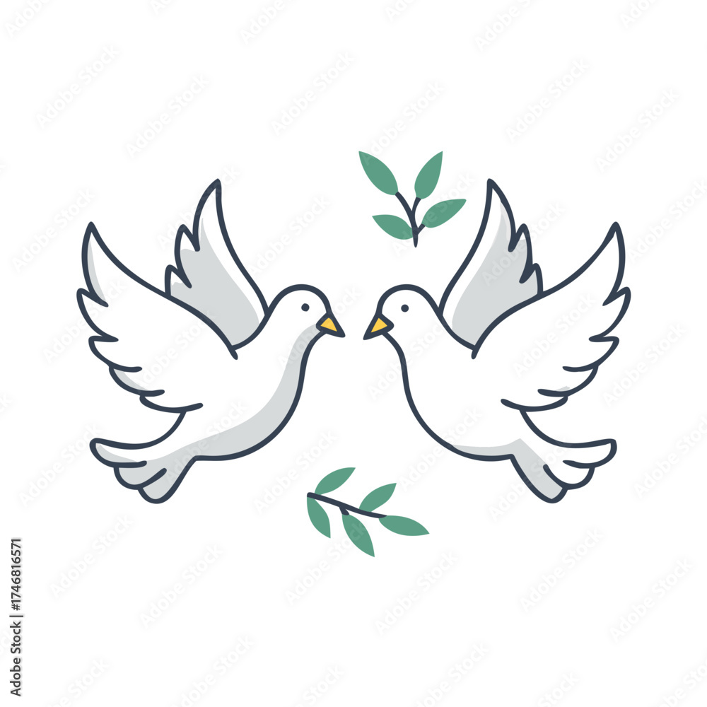 Fototapeta premium Vector art of two white doves in flight, facing each other with green sprigs of leaves, representing peace, hope, and new beginnings