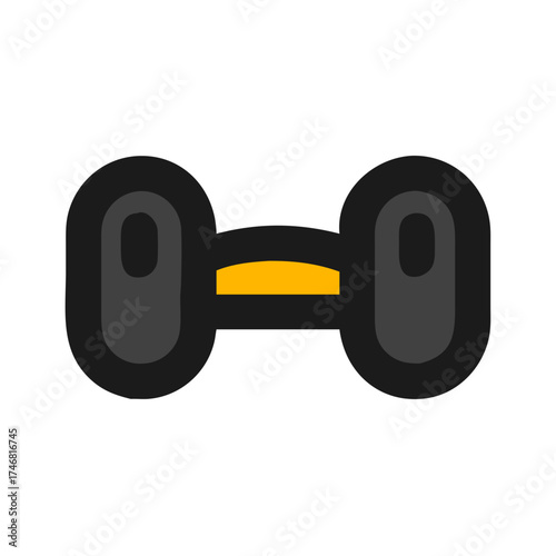 Vector art of a stylized, flat design icon of a dumbbell with a black outline and gray weights, featuring a bright yellow grip, isolated on a, representing fitness and weightlifting