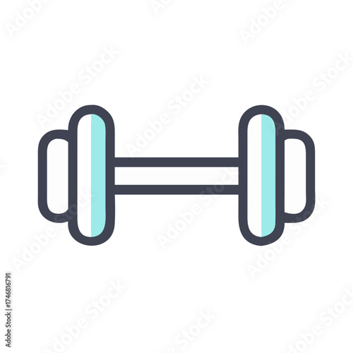 Vector art of a minimalist, flat icon representing a dumbbell with a dark gray outline and light blue weights, isolated on a, signifying a healthy lifestyle and physical activity