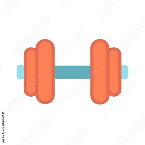 Vector art of a simple, stylized illustration of a dumbbell with orange weights and a light blue bar, isolated on a, representing fitness and exercise