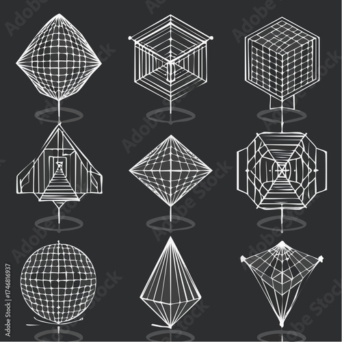 Abstract geometric wireframe sculptures set in clean white lines, offering a modern and retro-futuristic perspective for innovative design elements and graphic backgrounds