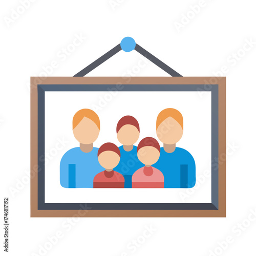Vector art of a framed portrait of a family of three, including parents and a child, depicted in a simple, modern flat illustration style, symbolizing unity and togetherness
