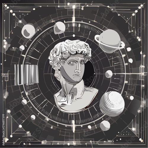 Monochrome vector illustration of a classical bust within a futuristic digital space, surrounded by planets and glowing geometric elements