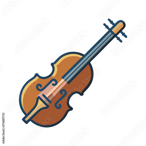 Vector art of a stylized, flat icon of a violin with a blue neck and strings, isolated on a, representing musicality