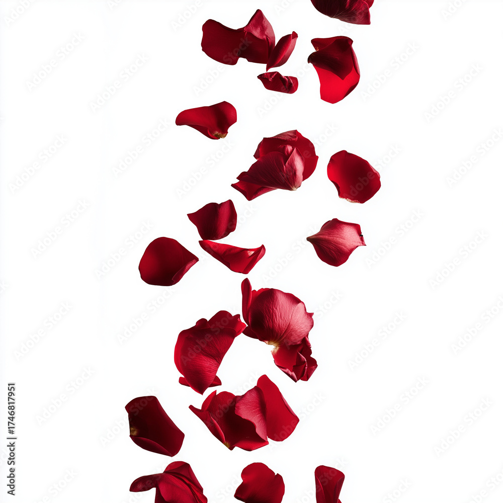 Fototapeta premium Red rose petals falling on white background