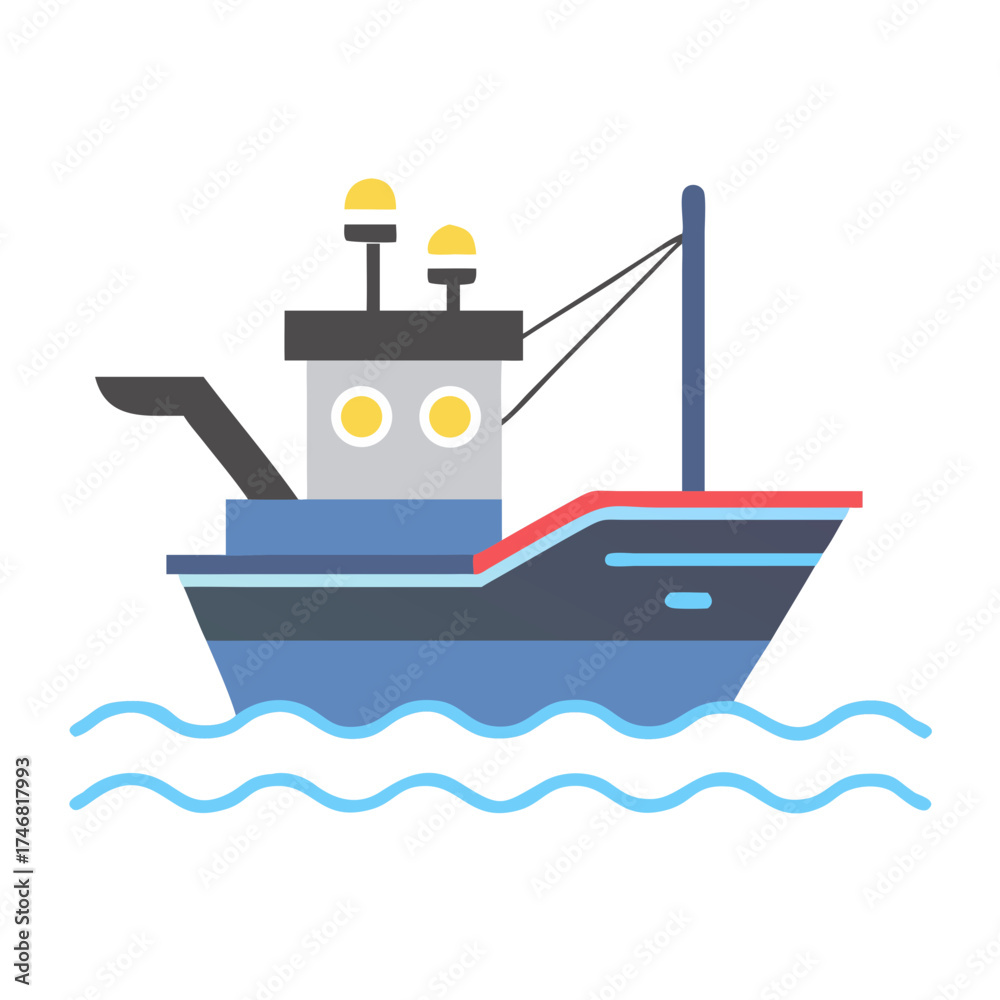 Fototapeta premium Vector art of colorful flat design illustration of a fishing boat sailing on wavy blue water, featuring a grey cabin, blue hull, and red trim