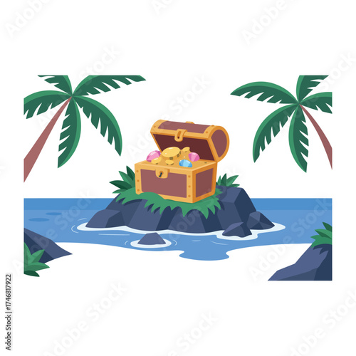 Treasure chest overflowing with gold on a tropical island