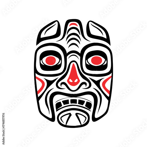 Vector art of intricate black and white tribal mask with striking red accents, depicting a fierce expression with sharp lines and bold patterns