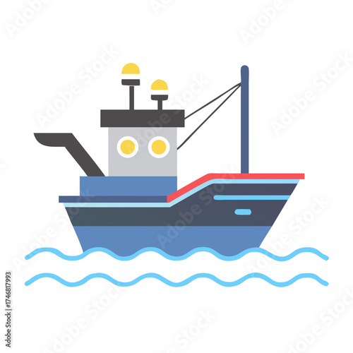 Vector art of colorful flat design illustration of a fishing boat sailing on wavy blue water, featuring a grey cabin, blue hull, and red trim