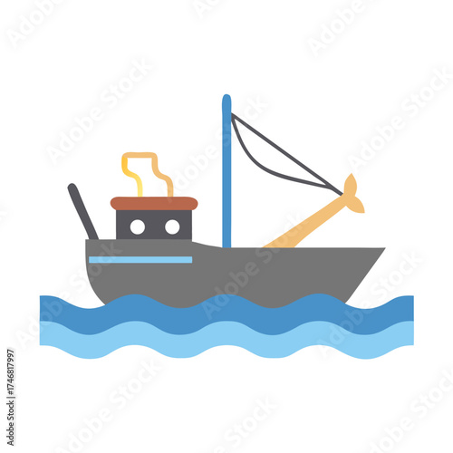 Vector art of flat design illustration of a fishing boat with a mast and boom, sailing on choppy blue waves