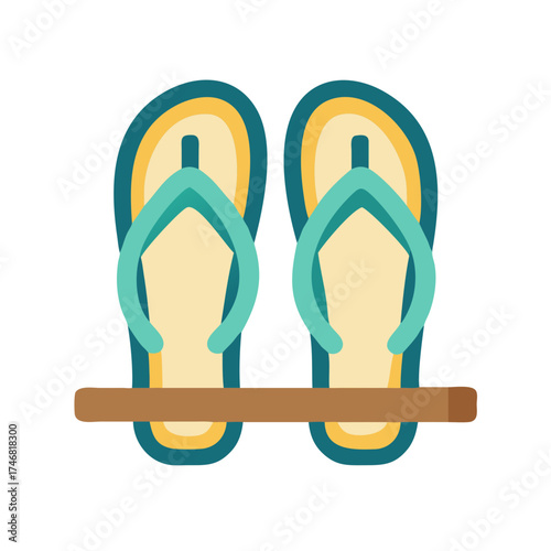 Vector art of a pair of teal and yellow flipflops with a brown sole, isolated on a, representing summer footwear and beach accessories
