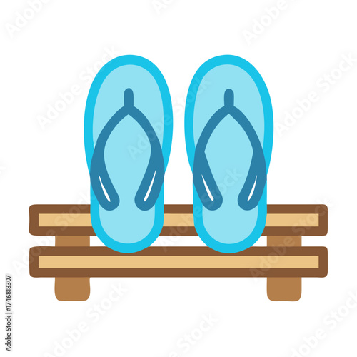Vector art of a pair of light blue flipflops resting on a simple wooden bench, depicted in a clean, minimalist graphic style