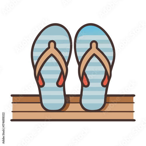 Vector art of a pair of blue striped flipflops with brown straps resting on a wooden surface, evoking a sense of beachside relaxation and summer holidays