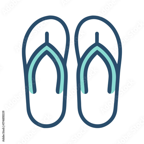 Vector art of a minimalist illustration of a pair of teal flipflops with dark blue outlines, isolated on a, symbolizing simple summer footwear