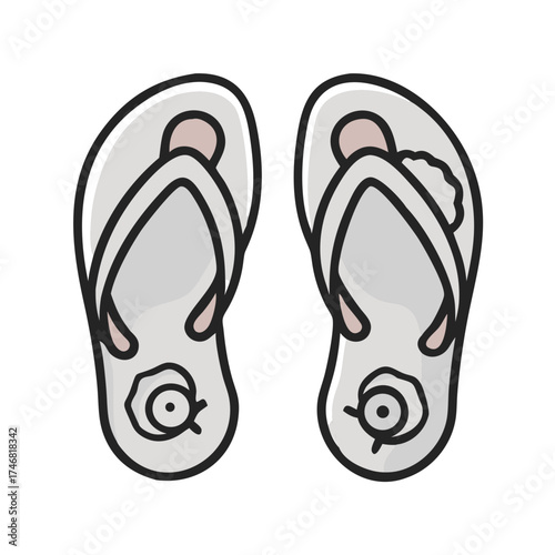 Vector art of a pair of simple white flipflops with black outline and light pink accents, isolated on a