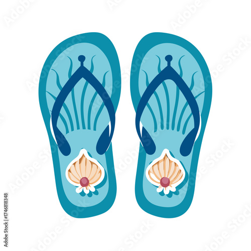 Vector art of a pair of light blue flipflops with a seashell design and dark blue straps, isolated on a
