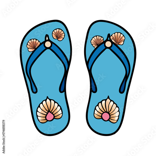 Vector art of a pair of blue flipflops decorated with seashell motifs, isolated on a, perfect for summer and beach themes