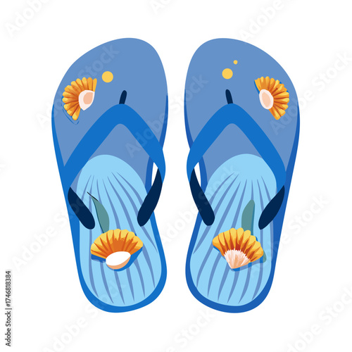 Vector art of a pair of blue flipflops with seashell and leaf embellishments, isolated on a, symbolizing summer and beach activities