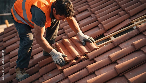 Skilled roofer carefully installing traditional terracotta clay tiles on a new residential house construction project © Wawan