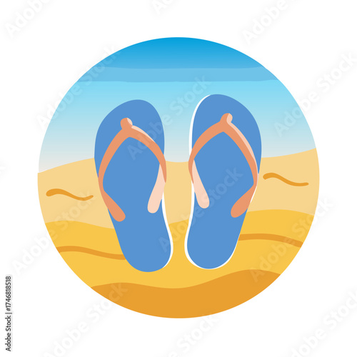 Vector art of a pair of blue flipflops with orange straps rests on a sandy beach with gentle waves and a clear blue sky in the background, evoking a sense of summer vacation and relaxation