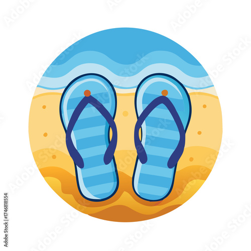 Vector art of a pair of blue striped flipflops with dark blue straps sits on a sandy beach, with stylized blue waves and a clear sky suggesting a pleasant summer day by the sea