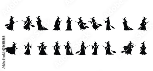 Halloween Witch Icon Set – Flying Witch Silhouette with Broomstick, Magic Hat, and Cloak