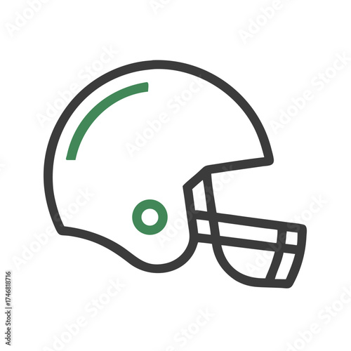 Vector art of american football helmet icon, simple line drawing with green accents, isolated on a, representing sports and equipment