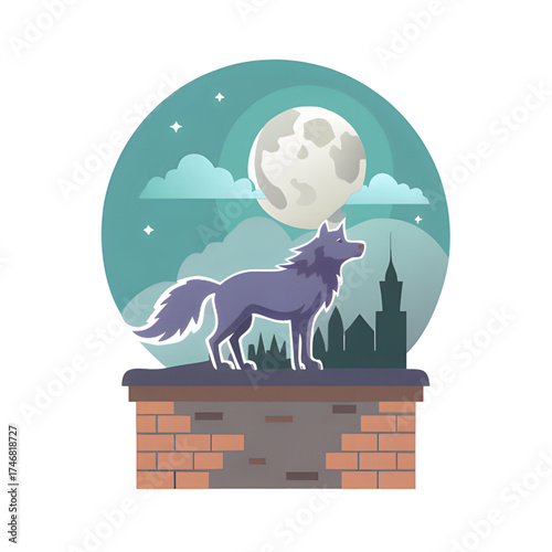 Wolf howls at full moon over city rooftops at night