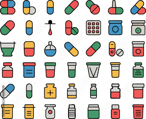 Colorful silhouette icons of medicine capsules syrups bottles pills and medical equipment on clean background