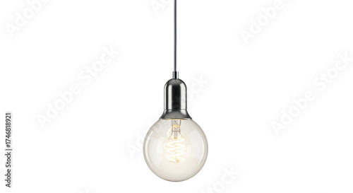 Isolated hanging light bulb providing light in room interior or studio setting, fixture idea