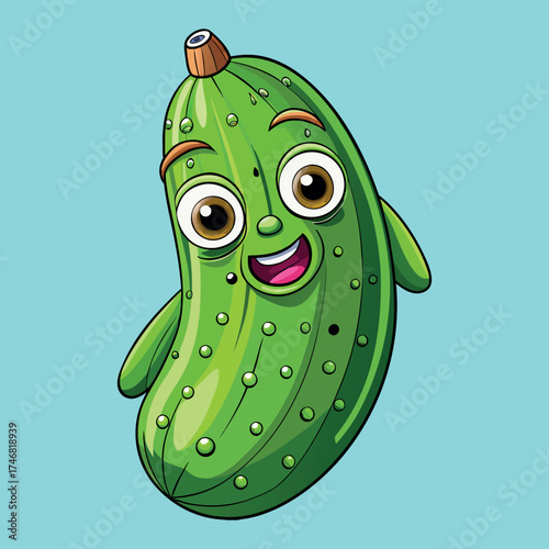 Adorable cartoon pickle character with big eyes and a joyful smile fun food art