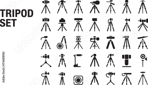Diverse collection of black silhouette tripod icons for photography and technology concepts