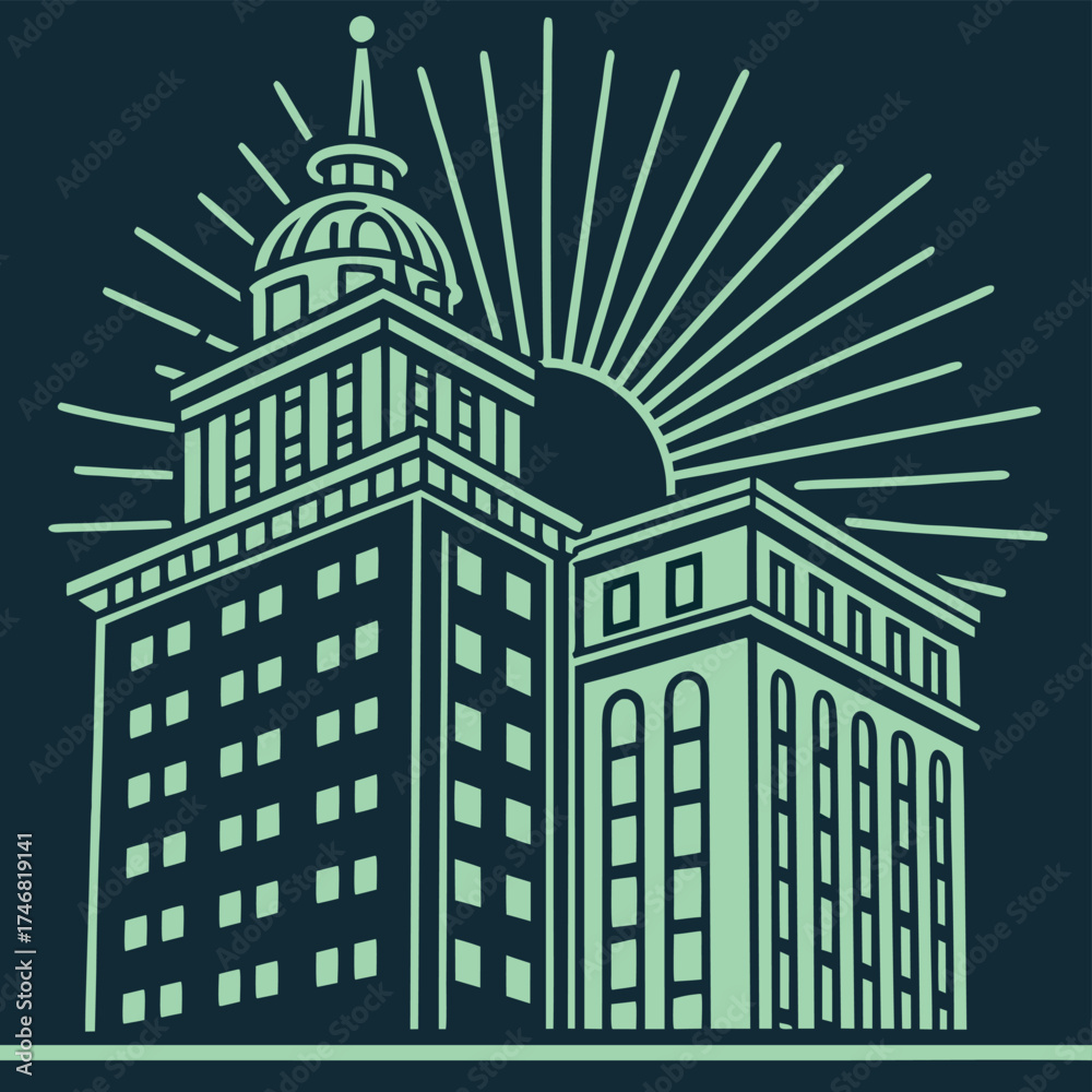 Fototapeta premium High quality artistic rendering of a historic multi-story building with a radiant sunburst effect vector