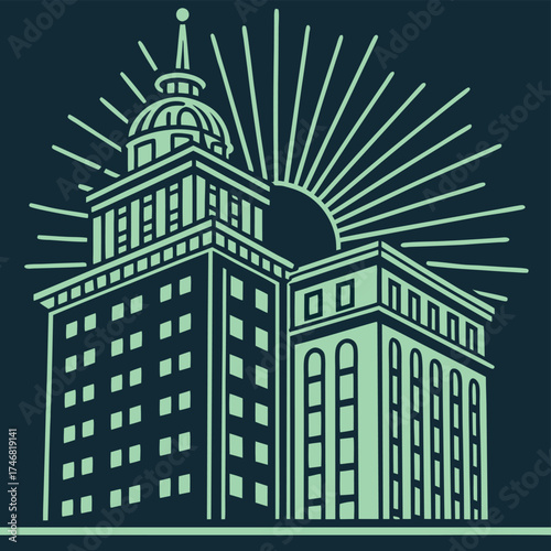 High quality artistic rendering of a historic multi-story building with a radiant sunburst effect vector