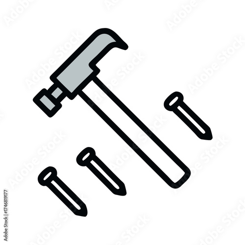 Vector art of a simple illustration of a hammer and three nails, isolated on a, representing tools and construction