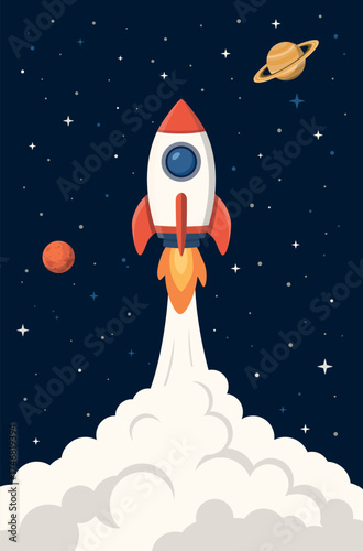 A rocket launch into the night sky leaving a trail of fire and clouds with planets on the background