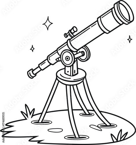 Detailed outline drawing of a telescope on a tripod for celestial observation isolated on transparent background