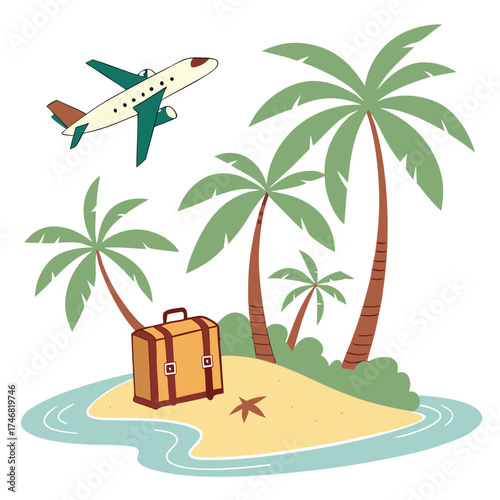 Summer Holiday Digital Art with Palm Trees and Orange Jet Plane