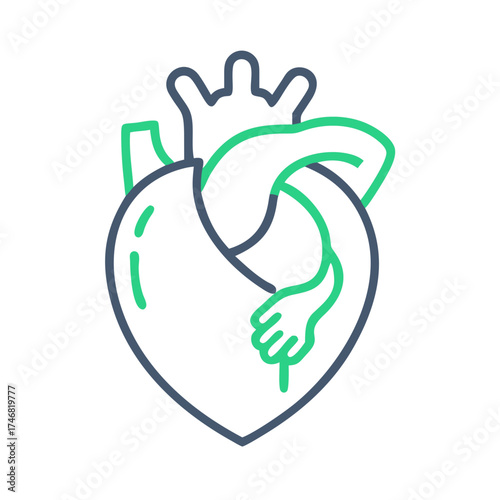 Vector art of stylized line art illustration of a human heart with a modern, minimalist aesthetic, featuring a clean outline and vibrant green accents against a pure