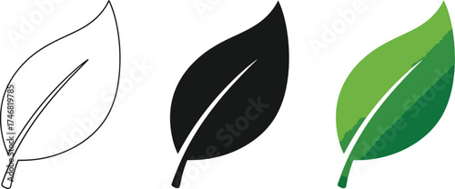 Three Stylized Leaf Icons in Outline, Solid, and Green Gradient Vector Design