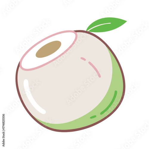 Vector art of a stylized, cartoonish illustration of a single lychee fruit, isolated on a, showcasing its unique shape and texture with a simple green leaf accent