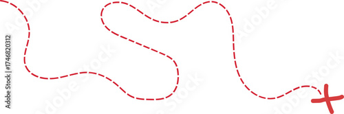 Treasure map element. A dashed line and red X mark ink on the map, the treasure map with a dotted line, X marks the spot, dashed line trail to an X  .