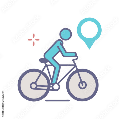 Vector art of stylized illustration of a person riding a bicycle with a location pin icon, representing cycling, travel, navigation, and outdoor activity