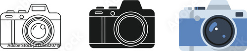 Three Camera Icons in Outline, Silhouette, and Colorful Modern Styles